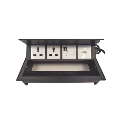 Caja Horizontal tipo Hub para escritorio color negro, con 1 Puerto HDMI Hembra-Hembra, 1 puerto RJ45 Cat6, 2 Puertos USB (Solo carga), y 2 Contactos eléctricos universales
