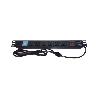 Tomacorriente Horizontal (PDU) de 6 contactos (NEMA 5-15R) + 2 USB para instalación en Rack de 19, 1UR, 125 Vca/ 15 A (THE0040091001001)