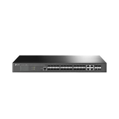 Switch de Fibra Óptica L2+ Omada / 24 puertos SFP 1GE / 4 Puertos Combinados SFP+/RJ45 Gigabit / 2 Puertos Consola RJ45|micro-SUB / Administración Centralizada Omada o Stand-Alone / Compatile con IPv6 / Multicast IGMP