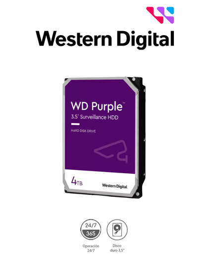 WESTERN DIGITAL WD43PURZ - Disco Duro de 4TB Purple/ Especial para Videovigilancia/ Trabajo 24/7/ Interface: Sata 6 Gb/s/ Hasta 64 Cámaras/ Hasta 16 Bahías de Discos Duros/ 180Mb/S /3 Años de Garantía VIVA