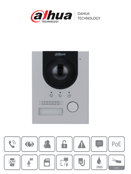 DAHUA VTO2202F-P-S2 - Frente de calle para videoportero IP/ Metálico/ Cámara de 2 MP con 160° de apertura/ IK07/ Exterior IP65/ Visión nocturna/ PoE/ Indicador de voz/ Apertura de chapa/ Solo alimentación PoE/ VDP